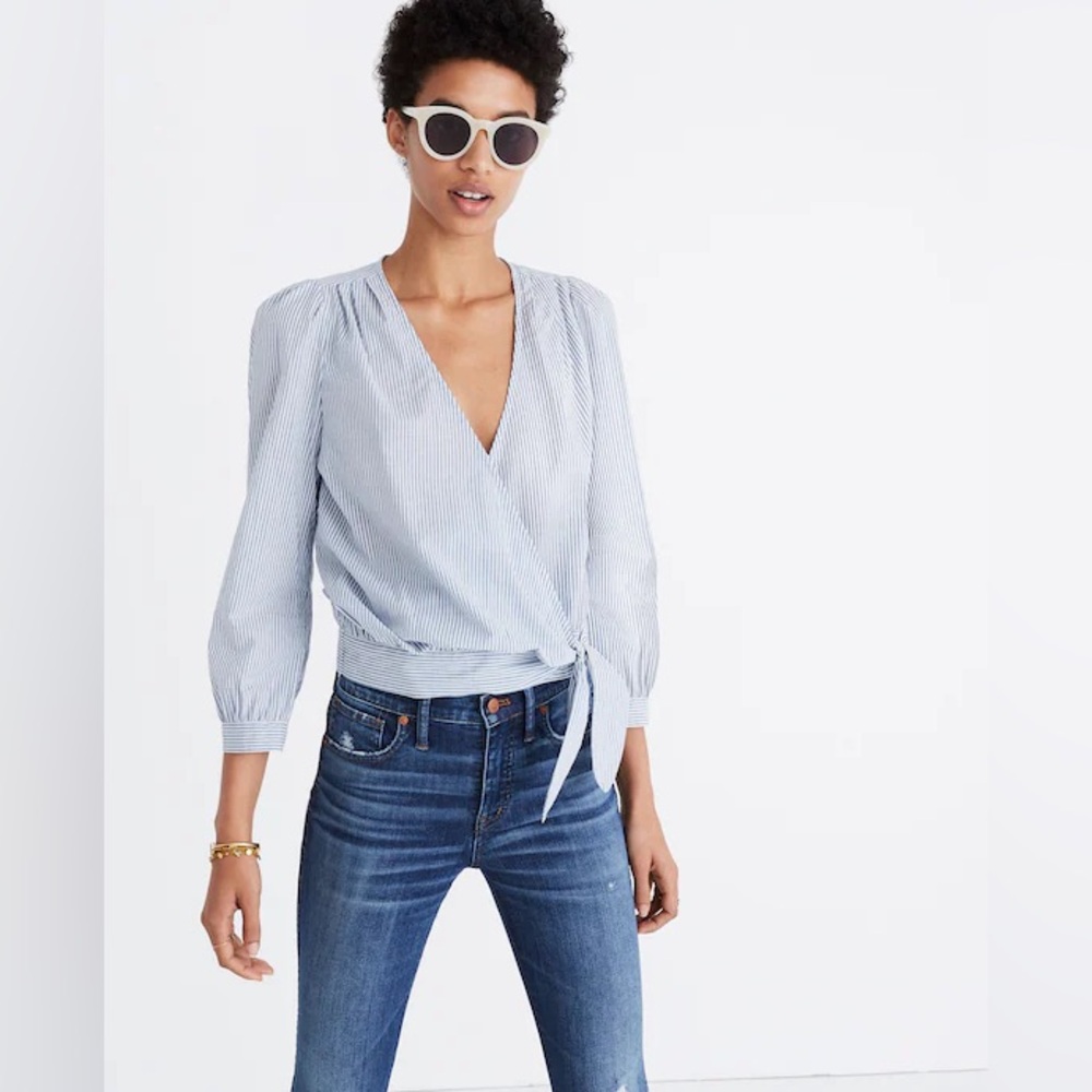 Madewell Wrap Top in Indigo Stripe (Size XS)